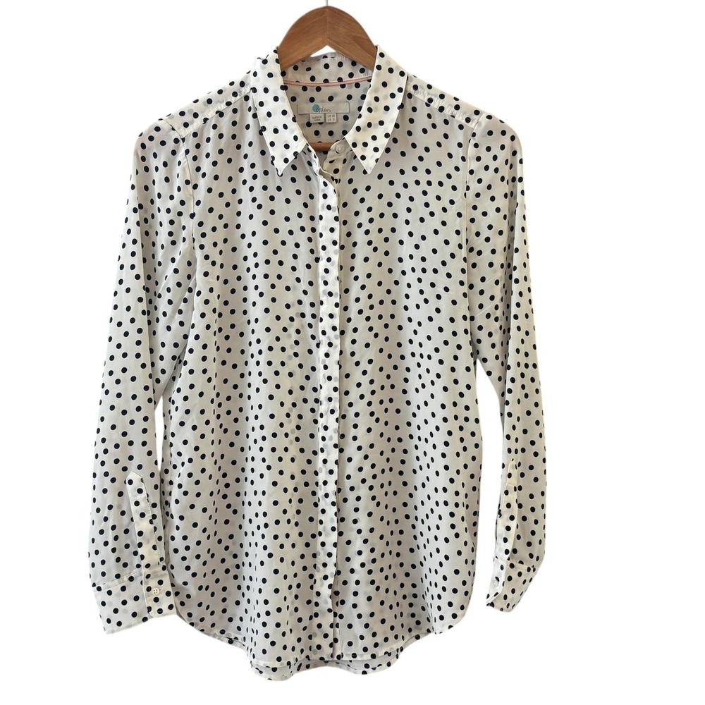 Boden Silk Polka Dot Button Up Top Womens 6 White Long Sleeve Classic Preppy
